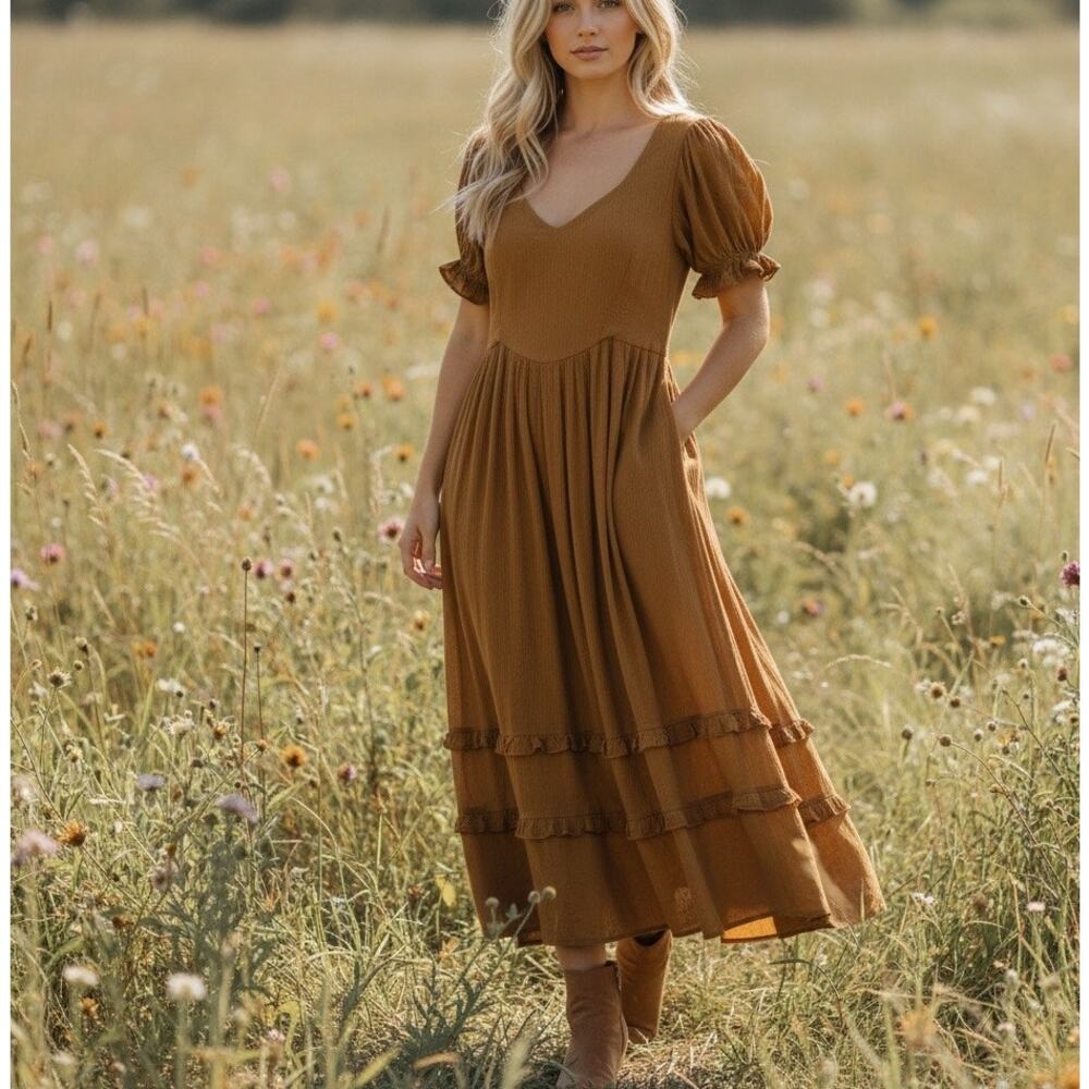 The Odells Brown Tiered Ruffle Prairie Dress MEDIUM Cottage Midi Country $348